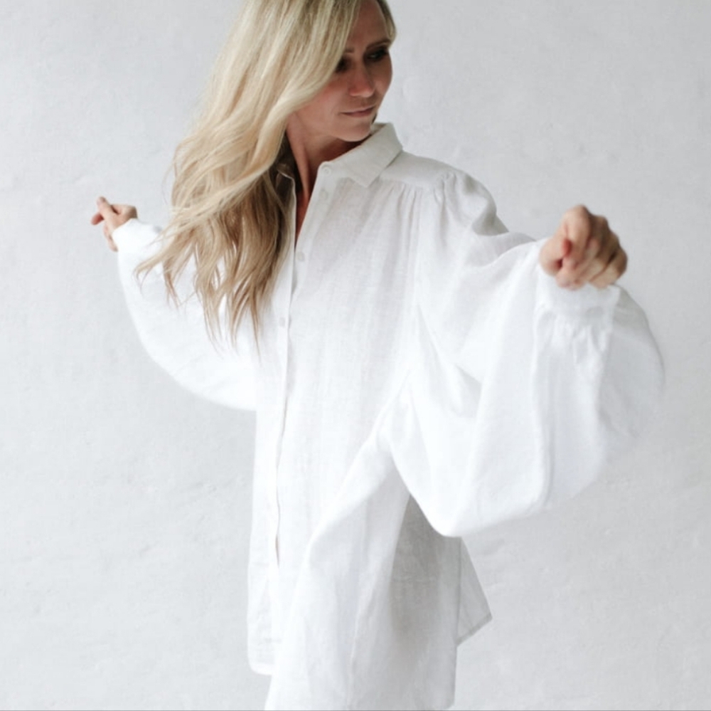 NWT Seaside Tones Boho Lea Linen Balloon Sleeve Button Down Shirt OS